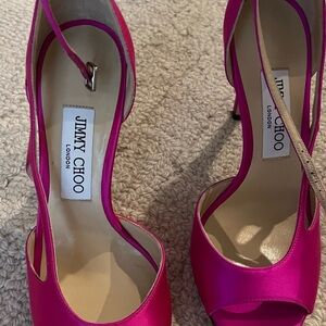Jimmy Choo Hot Pink Satin Peep-Toe Ankle Strap Heels